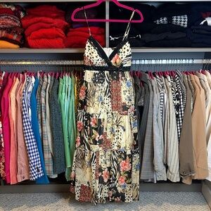 Grass Collection black/ivory/multicolor patchwork padded bust midi dress size 9